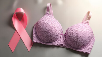 Pink ribbon near lace bra representing breast cancer awareness