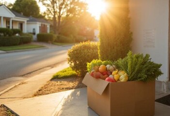 Grocery Delivery Box With Fresh Produce On Sunny Suburban Doorstep
