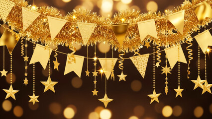 Golden party decorations creating festive celebration background