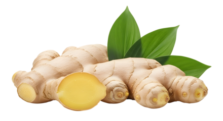 Fresh ginger root with green leaves isolated on transparent background