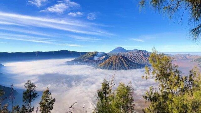 Eruption of the Bromo volcano during sunrise in the Bromo-Tengger-Semeru National Park, East Java, Indonesia. The Tengger volcanic caldera is in cloud and fog. Dawn. 4К