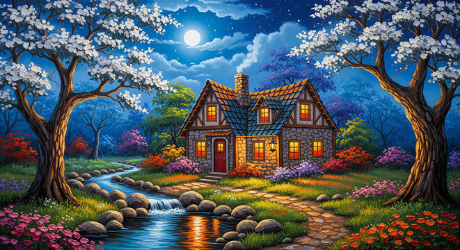 Oil Painting of Moonlit Cottage with Blossoms 3D Floral Relief Mural wallpaper