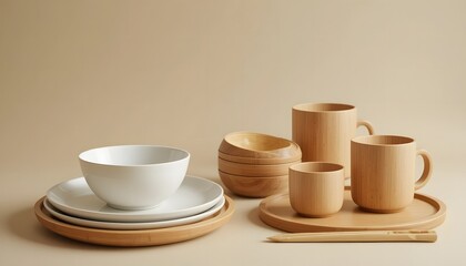 Elegant collection of natural wooden and ceramic tableware with minimalist design. bambusgeschirr