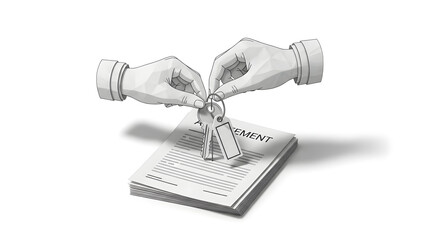 Symbolizing the pivotal moment of agreement and ownership, this illustration depicts hands exchanging keys above a contract, representing property transfer.