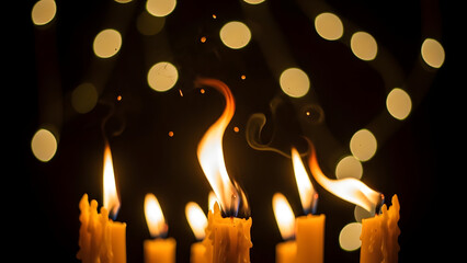 Warm Golden Candle Flames with Bokeh Lights Festive Atmosphere
