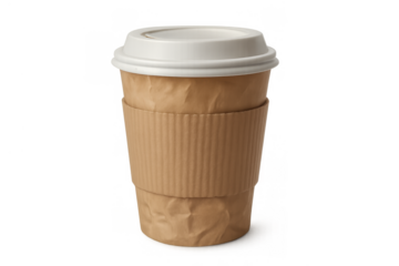 Brown disposable paper coffee cup with white lid and sleeve offering takeaway beverage, on transparent background