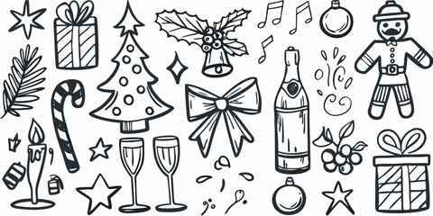 Doodle style christmas elements gifts champagne ornaments and festive decorations