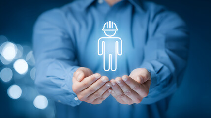 Hands holding glowing worker icon protecting employee