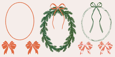Festive christmas decorations wreaths garlands and bows in a hand drawn style © Rakesh