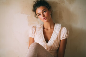Fototapeta premium Editorial fashion portrait of a model wearing a neutral outfit, seated against a textured wall, showcasing elegance and contemporary style in a soft, natural light setting