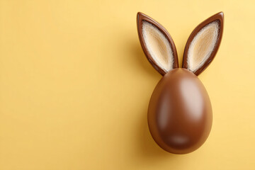 whimsical chocolate easter egg with bunny ears against a soft yellow background