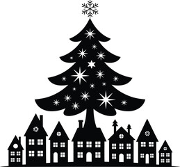 Fototapeta premium Black and white vector Christmas tree with star decorations and festive village houses in a stylized winter silhouette.
