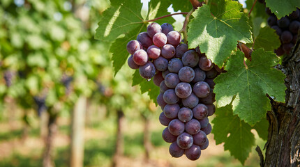 Ripe red grapes hanging on vineyard vine macro