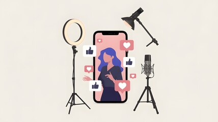 Influencer recording video on smartphone with professional lighting equipment