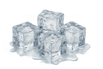 Ice cubes melting, creating cool water puddles, transparent background for refreshingly cold beverage concepts