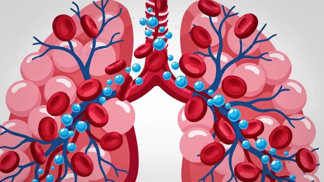 Illustration of Human Lungs Showing Alveoli and Blood Cells
