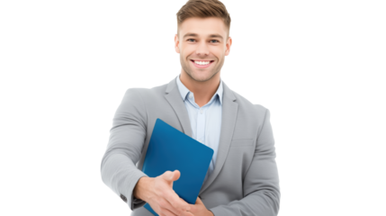 Friendly businessman in grey suit holding folder and offering handshake isolated on white.

