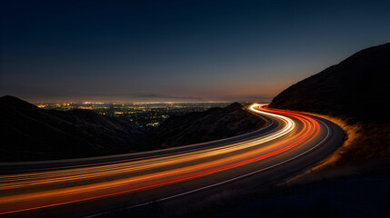 Winding highway creating light trails during twilight