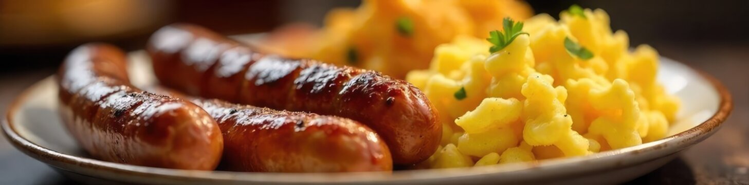 A sizzling plate of breakfast sausages, perfectly browned and ready to be enjoyed Served alongside golden-brown hash browns and fluffy scrambled eggs for a hearty morning meal , meal, eat
