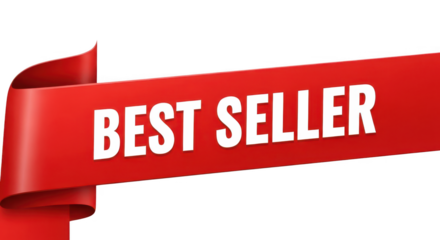 Best seller red ribbon banner isolated on transparent background