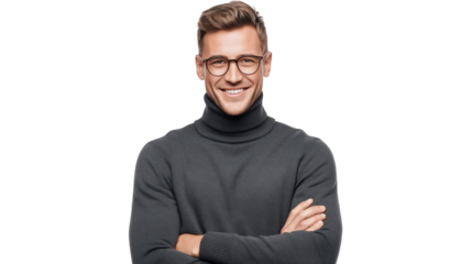 Confident handsome young man in glasses and grey sweater with crossed arms isolated on white.

