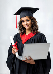 Joy radiates from a young woman in a graduation gown as she proudly displays her diploma while holding a laptop. The moment captures her success and future potential.