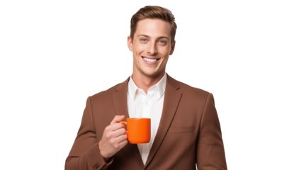 Smiling businessman in brown suit holding orange coffee mug isolated on white.

