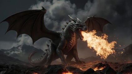 Fierce Dragon Breathing Fire in a Dark, Volcanic Landscape.