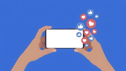 Hands holding smartphone with social media icons floating out