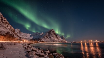 Arctic magic Northern Lights dance over snowy Lofoten mountains.