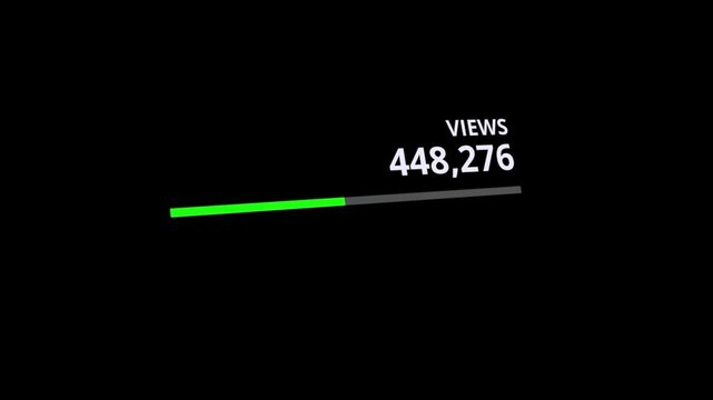 Animated views number of viral content. Counter increasing 0 to 1 Million video views animation. 4K footage on black screen background