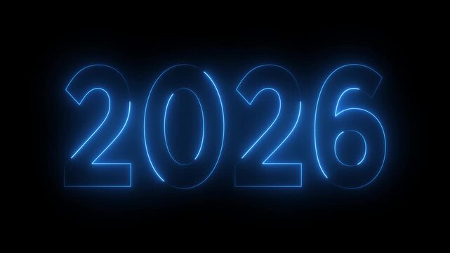 New year 2026 text icon animation glowing neon red color number anniversary template banner sign signboard holiday code digit rectangle box font letter word on black background.