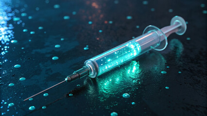 Medical syringe with glowing liquid on dark surface