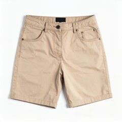 Beige casual shorts photographed against a pure white background showcase clean lines