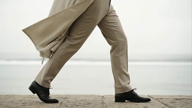 Man walking outdoors in a trench coat and suit