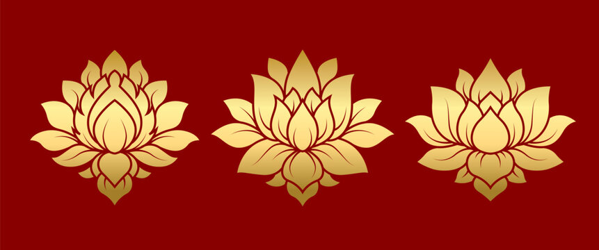 Golden Thai Lotus Illustration Set with Traditional Floral Symbol for Spiritual Art, Cultural Decoration, Luxury Branding, Sacred Design, Poster Template, Background, Packaging, Tattoo Idea