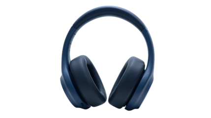 Modern dark blue wireless headphones isolated for music listening or audio technology concepts.

