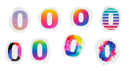 Collection of colorful and patterned number zero stickers, isolated on transparent background