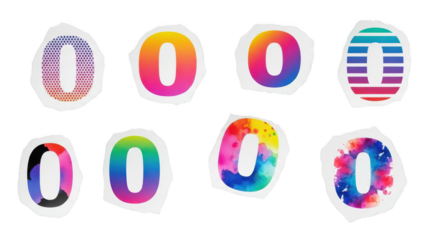 Collection of colorful and patterned number zero stickers, isolated on transparent background
