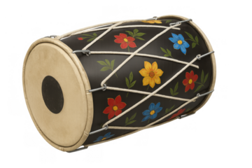 Dholak drum decorated with colorful hand-painted floral folk art. Indian percussion instrument with transparent background