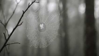 Dew-kissed spiderweb glistens on a branch in a misty forest.