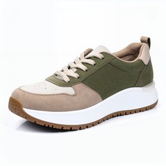 Modern sporty sneaker design with earthy tones on a pristine white backdrop