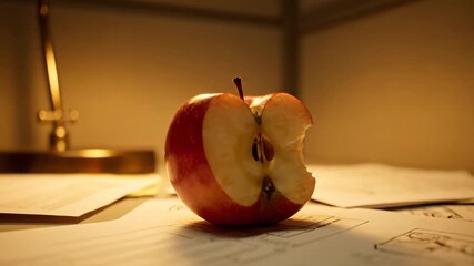 Desk in office cubicle with half eaten apple, lamp and paperwork