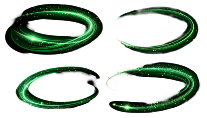 Set of dark green light trails with magical sparks isolated on transparent background, curved midnight emerald swoosh effect, futuristic forest glow motion design element PNG cut out
