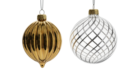 Two elegant christmas ornaments with textured surfaces gold and silver isolated on transparent background