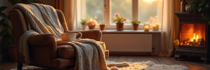 Cozy living room with soft lighting, plush armchair, warm blanket, and a steaming mug, inviting relaxation and peaceful rest Perfect for unwinding after a long day , gentle, furniture, restfulness