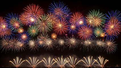 Fototapeta premium New Year Fireworks Background with Colorful Explosions in a Dark Night Sky.jpg