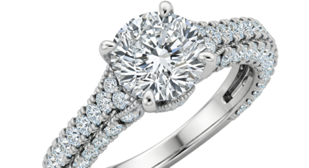 Detailed closeup of a luxurious diamond engagement ring with a floral design isolated on transparent background