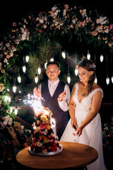 newlyweds happily cut and taste the wedding cake