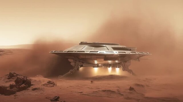 Ufo touchdown on mars: dust and thrusters in motion across martian landscape